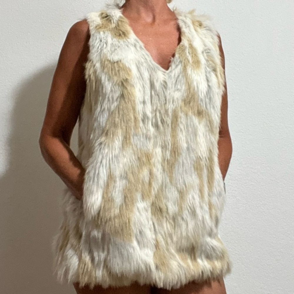 Rewind Beige Gray Tan Faux Fur Long Vest Pockets Festival Rave Unisex Medium